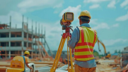 Construction worker using survey instrument at building site.