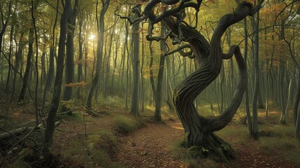 Poster - Unusual, twisted tree standing out among the more typical forest trees