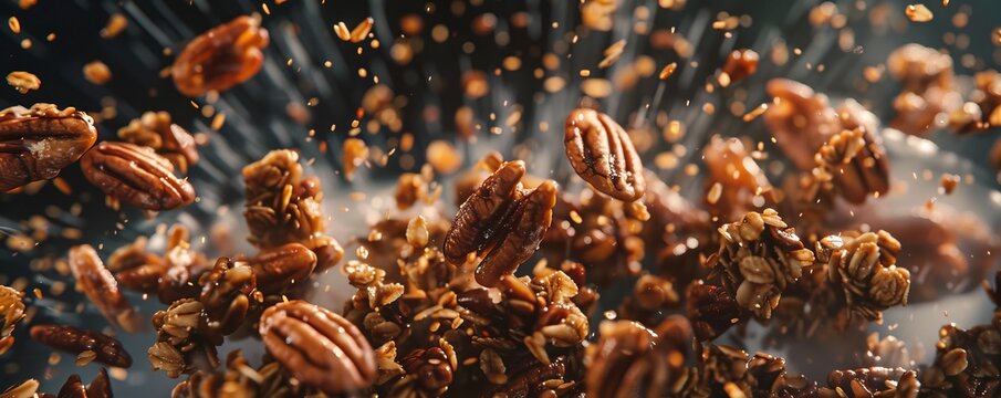 Making maple pecan granola for National Granola Day, October 10th, crunchy clusters and maple sweetness, 4K hyperrealistic photo.