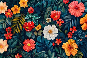 Wall Mural - Colorful illustration of tropical flowers and lush foliage with a detailed and abstract wallpaper design that could be a background best-seller