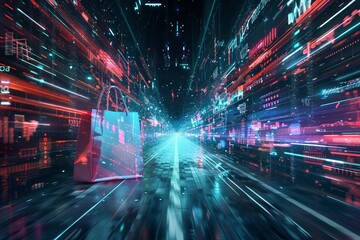 Wall Mural - A futuristic abstract wallpaper showcasing a cybernetic cityscape with shopping themes, creating a dynamic background ideal for an illustration best-seller