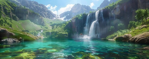 Crystal-clear mountain lake with a cascading waterfall flowing into it, 4K hyperrealistic photo