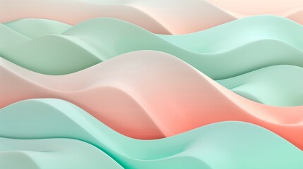 Wall Mural - A soothing scene of pastel waves in light coral, mint green, and baby blue, creating a peaceful and calming abstract composition.