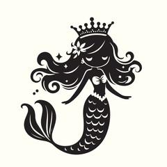 Black and white princes mermaid silhouette vector illustration