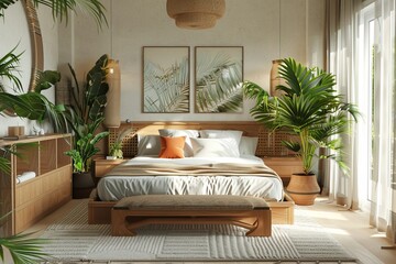 Poster - An inviting bedroom scene with plant decorations serves as a best-seller wallpaper, illustrating a comfortable, modern lifestyle