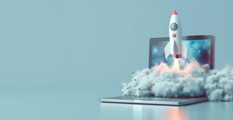 Wall Mural - Startup idea. Launch of spaceship and 3d rocket from notebook display. Creative marketing and success. Clear blue background. Business technology