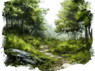 Poster - A digital illustration of a serene forest path leading through trees and overgrown foliage, a best-seller background image for its abstract natural beauty