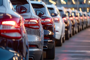 Wall Mural - This image provides an abstract representation of urban movement, with a background of cars lined up showcasing glowing taillights