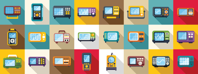 Poster - Oscillograph icons set. Colorful set of electronic test equipment illustrations featuring oscilloscopes showing signal waveforms