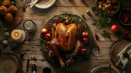 Wall Mural - delicious turkey in a plate at wooden table