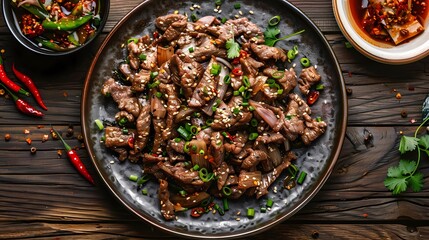 Wall Mural - delicious bulgogi in a plate at wooden table, top view