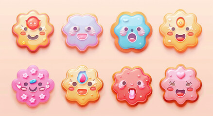 Wall Mural - A set of cute and colorful cookies with happy faces, each one in different colors and shapes, arranged on two contrasting backgrounds.