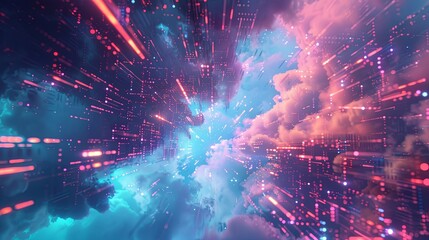 Leinwandbilder - An abstract visualization of cloud computing with digital elements representing data processing and AI operations in the cloud. Generative AI