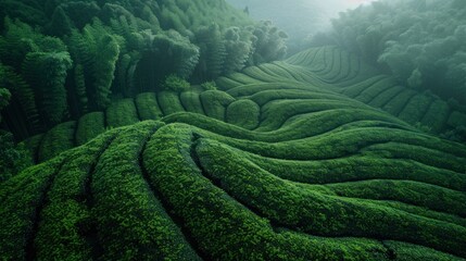 Serene Green Tea Plantation in Morning Mist