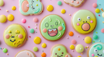 Wall Mural - A set of cute and colorful cookies with happy faces, each one in different colors and shapes, arranged on two contrasting backgrounds.