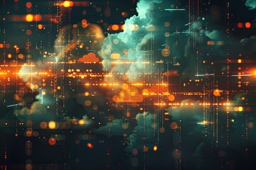 Leinwandbilder - A digital art rendering of cloud computing with glowing elements representing data processing, artificial intelligence, and interconnected networks. Generative AI