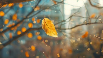 autumn a golden autumn leaf slowly falling from the branches. leaves falling in autumn season backgr