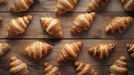 delicious croissant at wooden table, top view