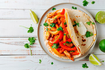 Wall Mural - tex-mex chicken fajitas with vegetables on white wooden table. Top view