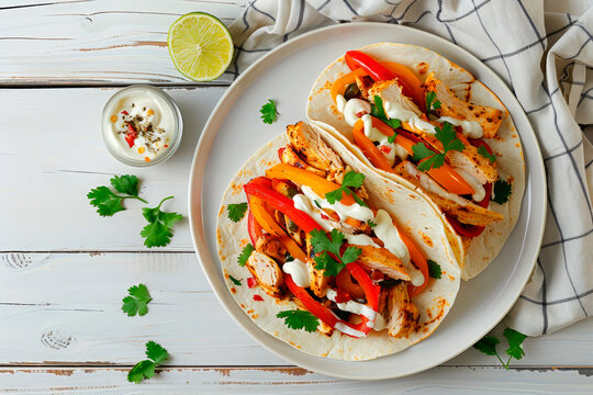 tex-mex chicken fajitas with vegetables on white wooden table. Top view