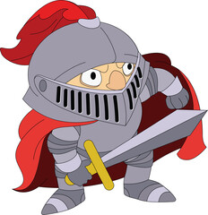 Wall Mural - Cartoon illustration of a knight character holding a sword and wearing armor