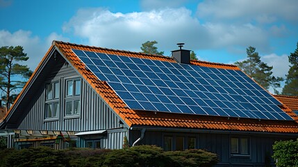 Solar Powered Residential Building with Photovoltaic Panels on Roof in Countryside