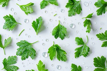 Fresh Green Parsley Leaves with Drops of Water