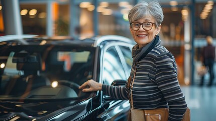 Senior woman with gray hair and glasses smiling and standing next to a car in a showroom. Casual attire and happy expression. Image with modern retail environment. AI