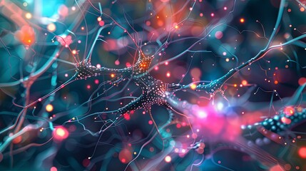 An abstract image representing a neural network with nodes and connections, illustrating AIs data processing and learning capabilities. Generative AI