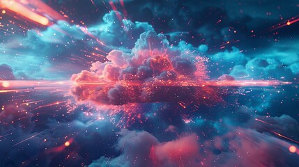 Poster - An abstract visualization of cloud computing with digital elements representing data processing and AI operations in the cloud. Generative AI