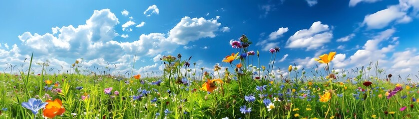 Wall Mural - wildflower meadow under a blue sky with white clouds, featuring purple, yellow, orange, and blue flowers