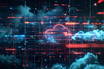 Poster - A digital visualization of cloud computing, showcasing data processing and AI operations within the cloud. Generative AI