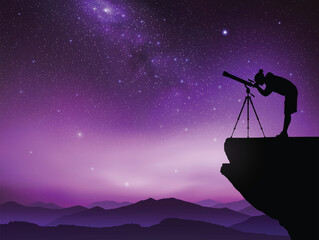 Sticker - Man and telescope on cliff. Astronomer at night. Milky Way, starry sky