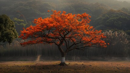 Wall Mural - Orange Tree Leaves falling in autumn season background.
