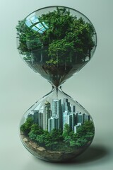 eco city encapsulated in an hourglass, green trees merging with urban skyline