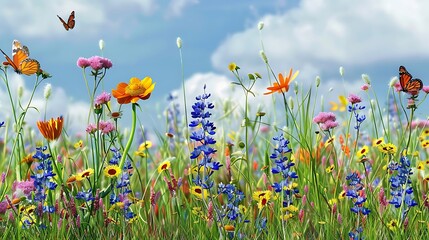 Wall Mural - wildflower meadow with a variety of colorful flowers and butterflies under a blue sky with white clouds