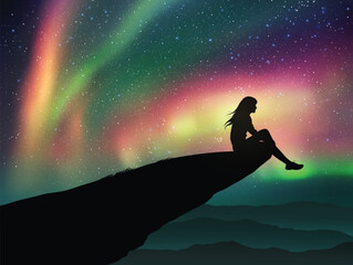 Sticker - Woman sitting on cliff. Mountain hiking at night. Aurora Borealis