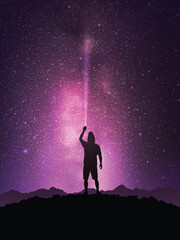 Sticker - Man with flashlight on rock. Hiking at night. Milky Way in starry sky