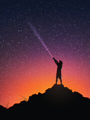 Sticker - Man with flashlight on rock. Hiking at night. Light beam in starry sky
