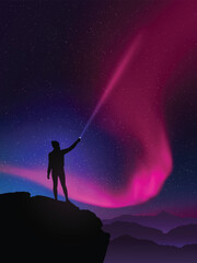 Sticker - Woman with flashlight on cliff. Hiking at night. Purple polar light