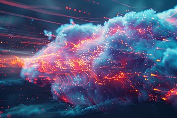 Fototapete - Abstract visualization of cloud computing with digital elements representing data processing and AI operations in the cloud. Generative AI