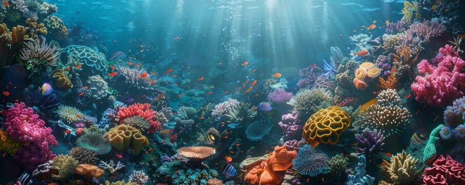 Colorful coral reef with a diverse array of marine life, 4K hyperrealistic photo