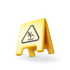 3d plastic wet floor sign isolated on white. render yellow wet floor placard icon. house cleaning eq