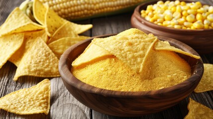 Wall Mural - Golden corn chips and cornmeal on a rustic wooden table
