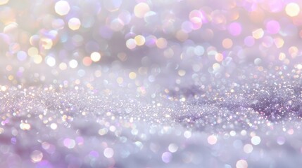 Poster - Glittering background with a multitude of bokeh light effects, primarily in shades of white, silver, and pastel colors like pink and blue