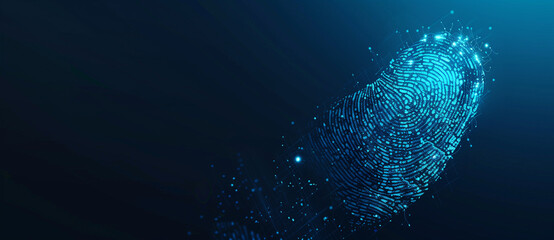 Poster - A digital fingerprint in blue tones, embedded in a matrix-like pattern on a dark background, emphasizing technology and security.