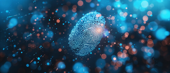 Poster - A digital fingerprint surrounded by abstract blue and orange lights, creating a futuristic and tech-oriented atmosphere.