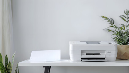 Modern printer with paper on table near white wall, space for text