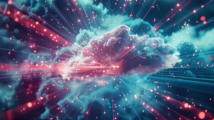 Leinwandbilder - A digital illustration depicting cloud computing with data processing and artificial intelligence elements. Generative AI