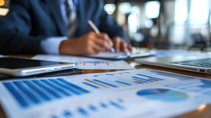 Poster - Close-up of a businessman's hands writing on financial documents next to a laptop with visible graphs and charts